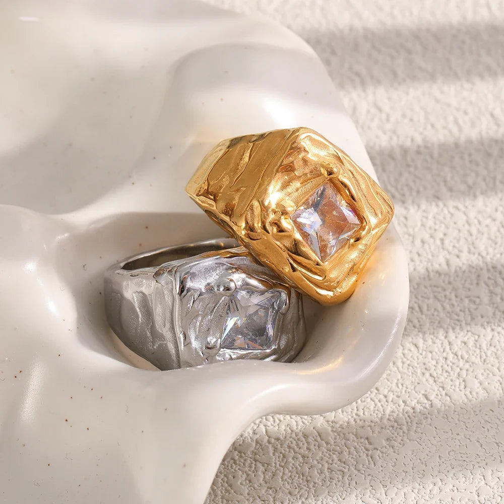 Molten Hammered Square Cubic Zirconia Ring