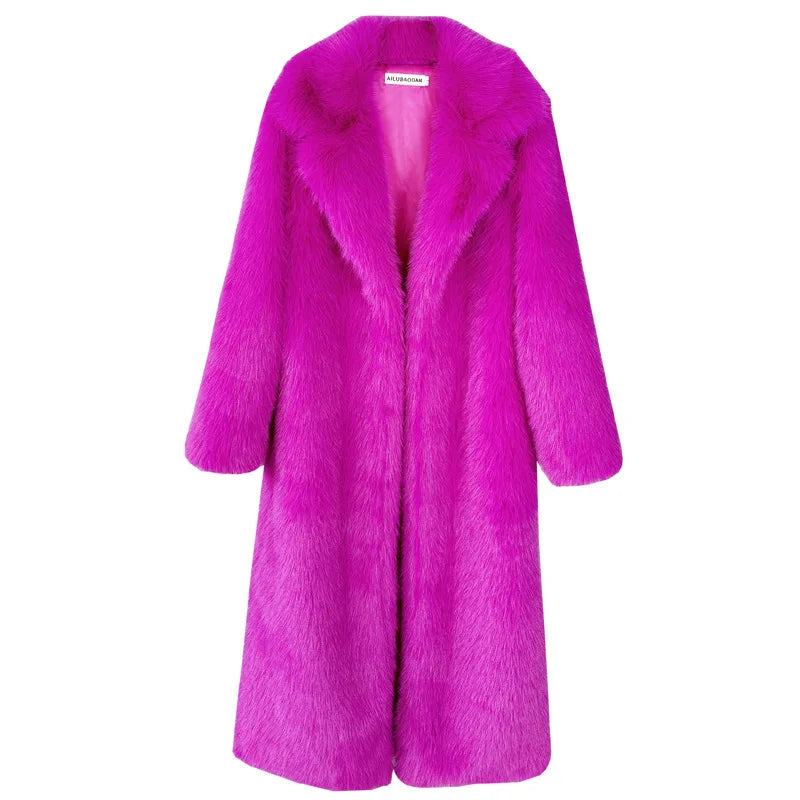 Long Faux Fur Overcoat with Notched Lapels
