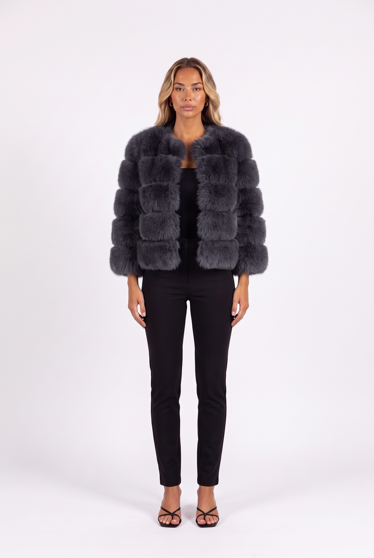 Dark grey cropped faux fur jacket with three-quarter sleeves — front